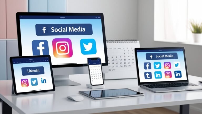 Workspace with laptop, tablet, and smartphone displaying social media icons alongside a calendar and clock, symbolizing efficient social media scheduling and time management.