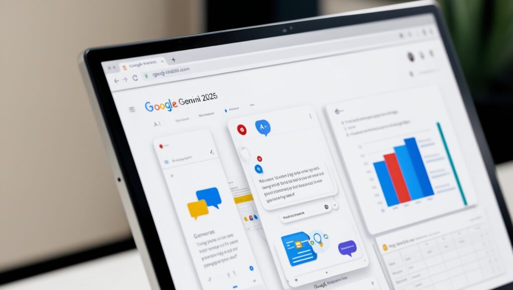 A close-up of the Google Gemini 2025 interface, showcasing text generation, image creation, and real-time data analysis on a sleek, modern screen.
