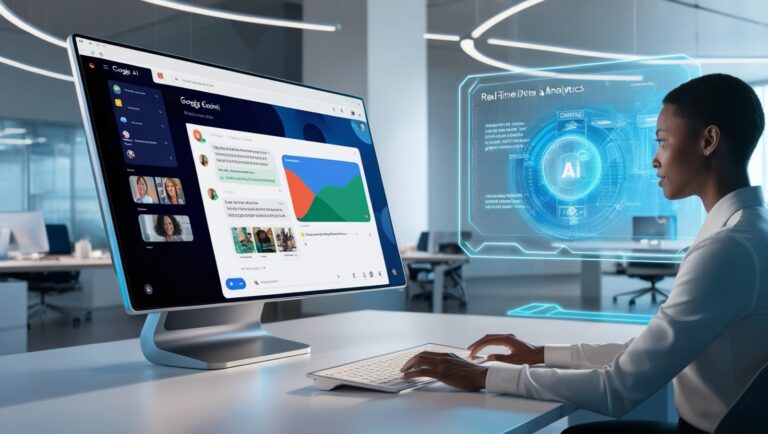 A futuristic workspace with a user interacting with Google Gemini AI on a high-tech screen, displaying text, images, and real-time data analytics.