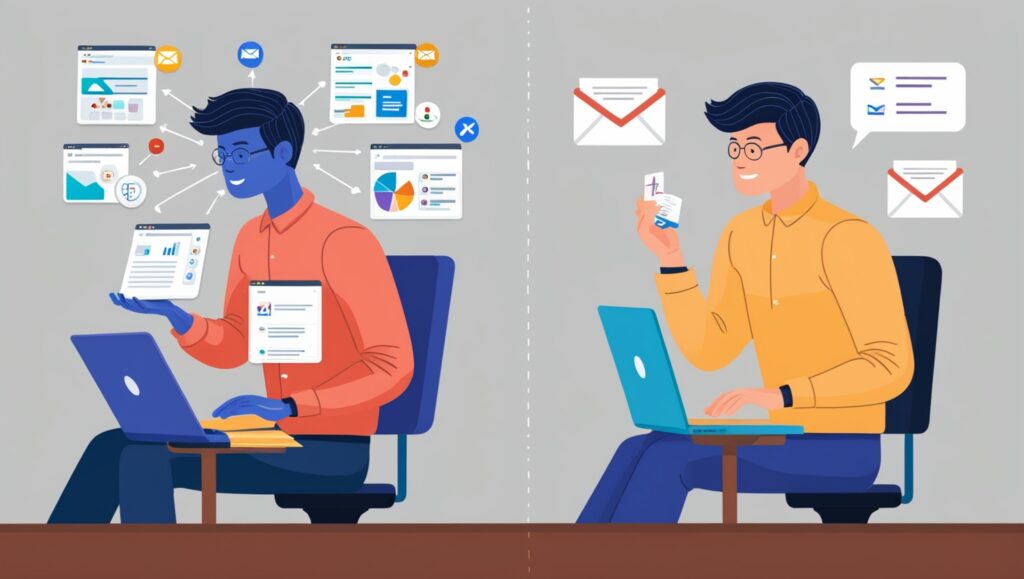 comparison of a professional working with and without Google Gemini, illustrating how AI enhances productivity by automating tasks and improving efficiency.