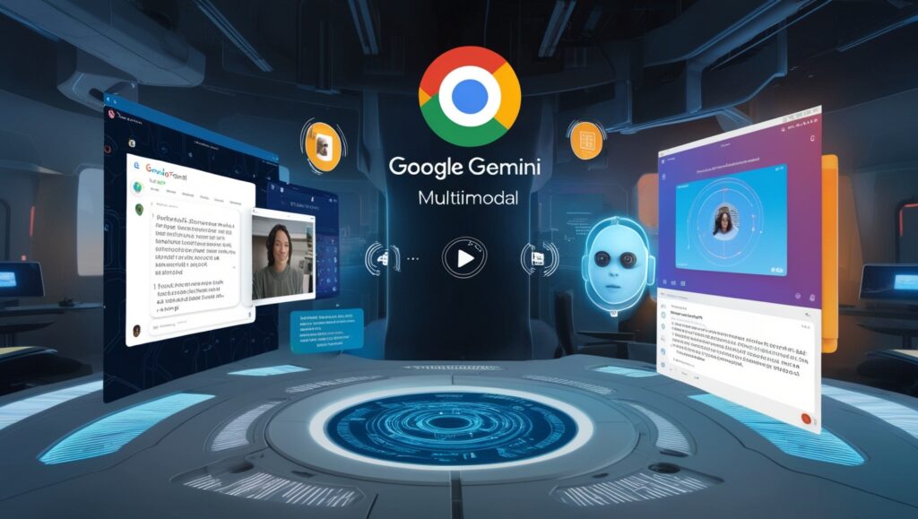 An AI interface processing text, images, video, and audio simultaneously, demonstrating Google Gemini’s multimodal features in a futuristic setting.